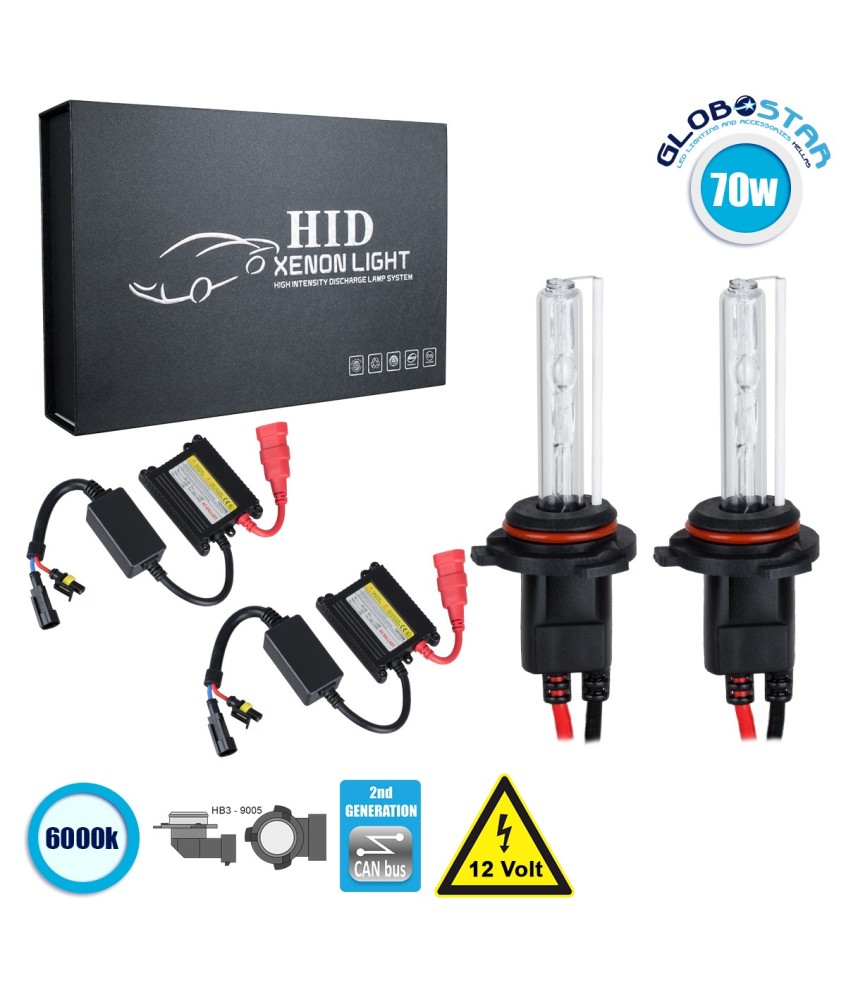 GloboStar® 84109 HB3 9005 CB Line KIT Βασικού Φωτισμού Αυτοκινήτου & Μοτοσυκλέτας 2nd Generation Can-Bus Series XENON 70W 6400lm DC 9-16V Αδιάβροχο IP65 Ψυχρό Λευκό 6000K